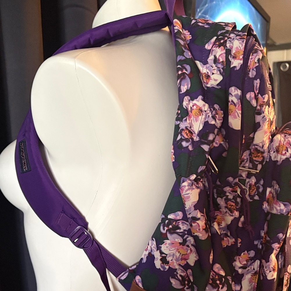 Jansport Purple Floral Print Backpack with Brown Suede Base - Picture 4 of 9
